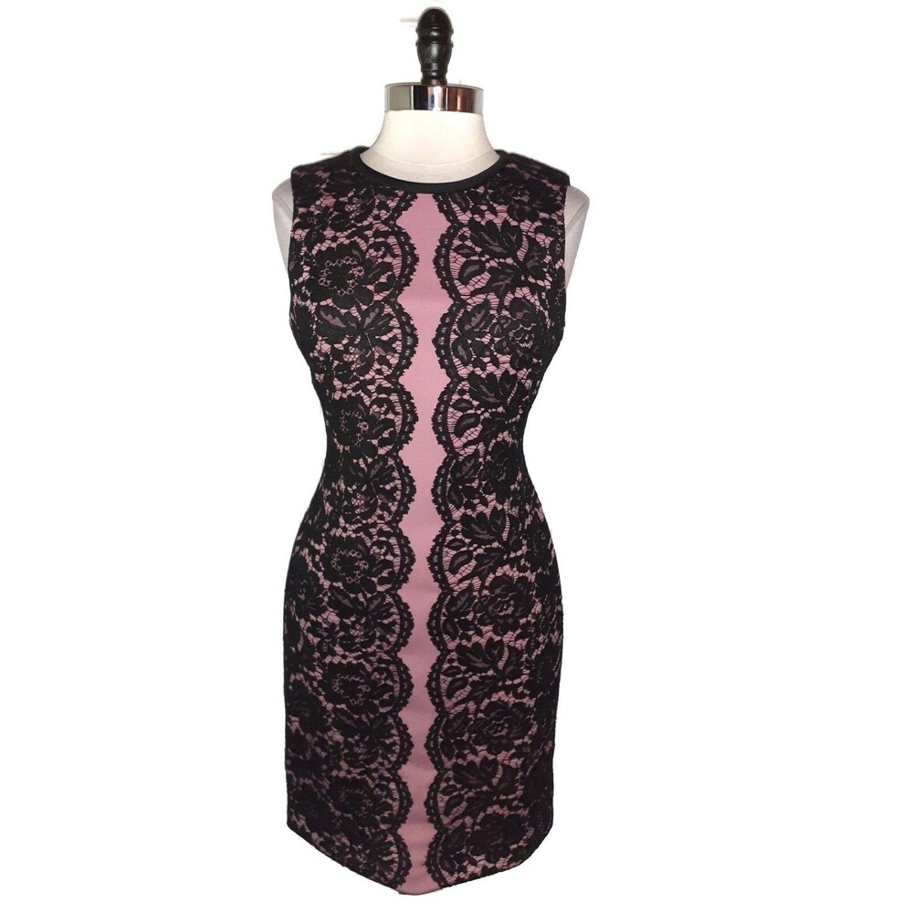 TOMMY HILFIGER Size 10 Sheath Dress Pink Black Floral Lace Sleeveless